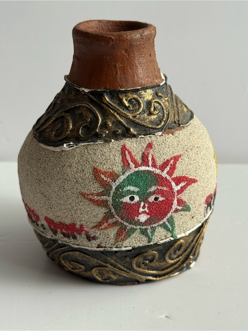 Vintage Dom Republic Sand Art Pottery Celestial Sun Moon Stars Lizard Vase